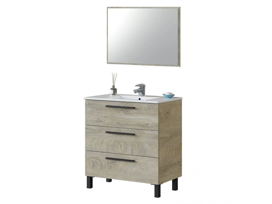 Mueble de baño Athena 80 3 cajones + espejo Roble Alaska 80 x 86 x 45 cm