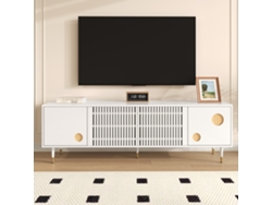 Mueble Para Tv, Puertas Con Rejilla, 170cm, Acabado Dorado, 2 Puertas De Madera Maciza, Patas Ajustables Doradas, Sistema Antivuelco