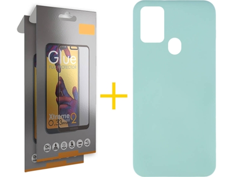 Funda y Protector 2x de Vidrio Full Samsung Galaxy A21s SKYHE Silicona Líquida Verde Agua