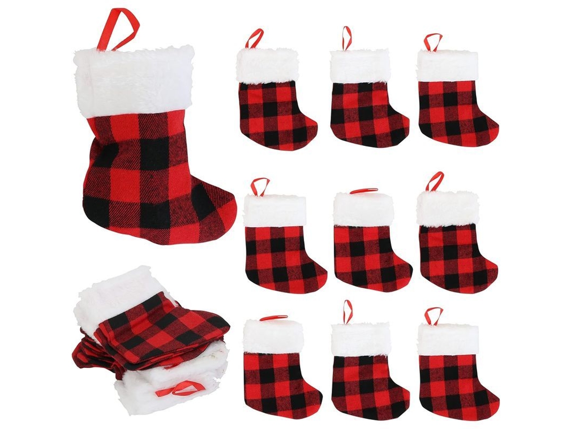 Mini Calcetines Navideños, A Cuadros Rojos, Paquete De 20, Bola Blanca Suave, 13x18cm