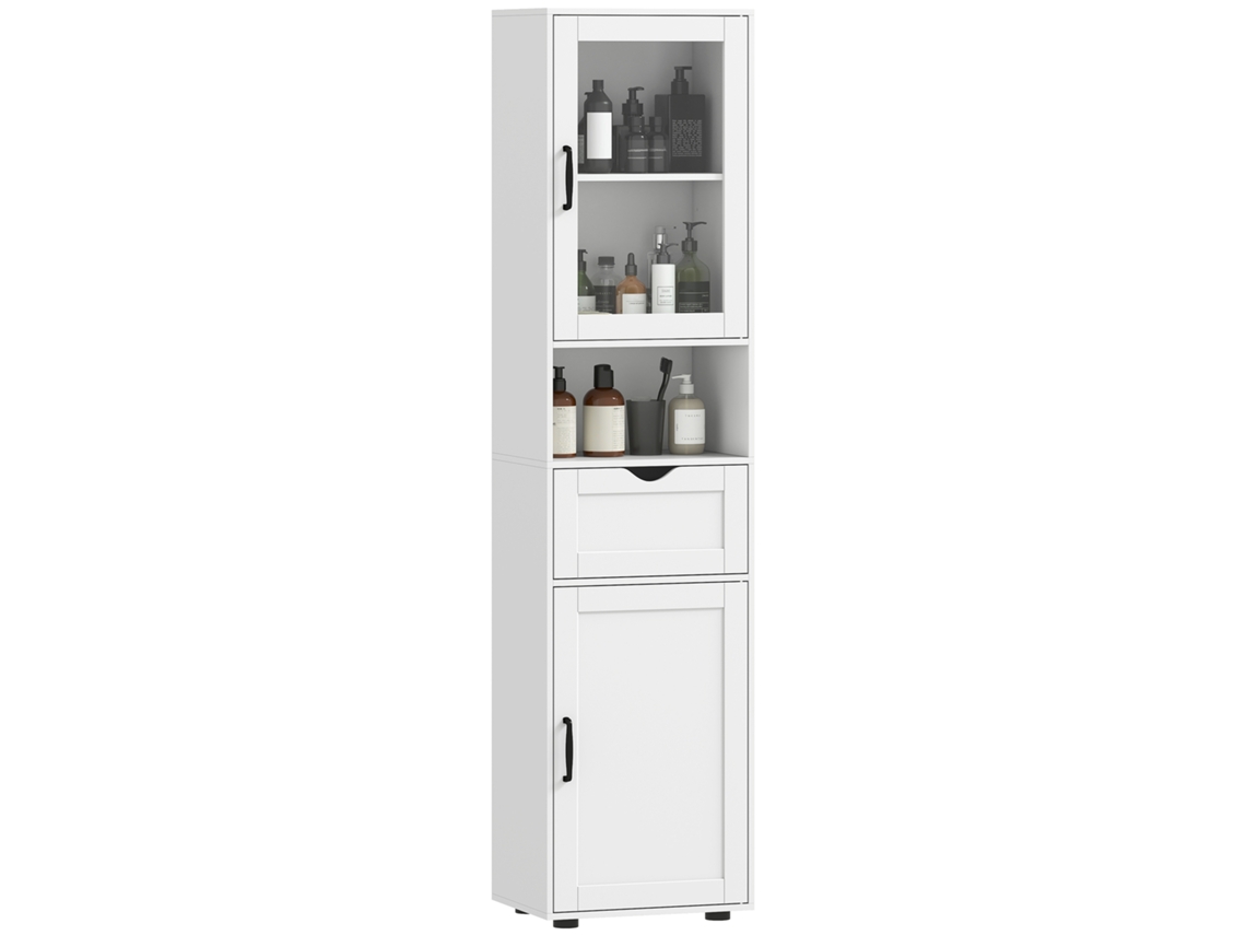 Columna De Baño Con Puerta De Cristal, Estantes Ajustables Y Cajón, Color Blanco.