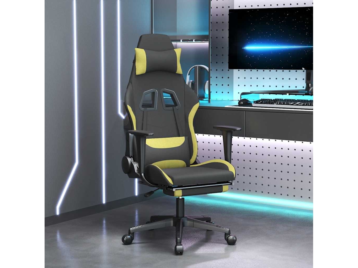 Silla Gaming De Masaje Con Reposapiés Tela Negro Y Verde Claro