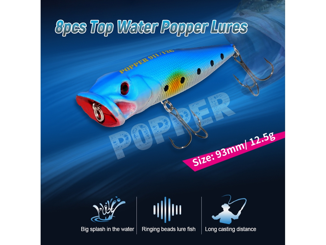 Juego De 8 Señuelos De Pesca Tipo Popper Con Ojos 3d, Señuelos Artificiales Con Anzuelos Para Pesca En Agua Dulce Y Salada.