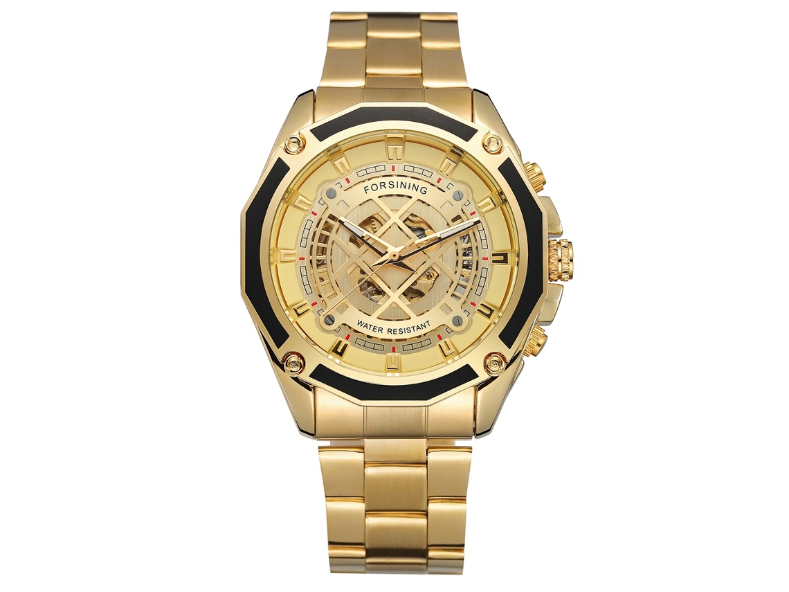 Reloj Automático Forsining Geometric Hollow Para Hombre Con Brazalete De Acero Inoxidable Dorado.