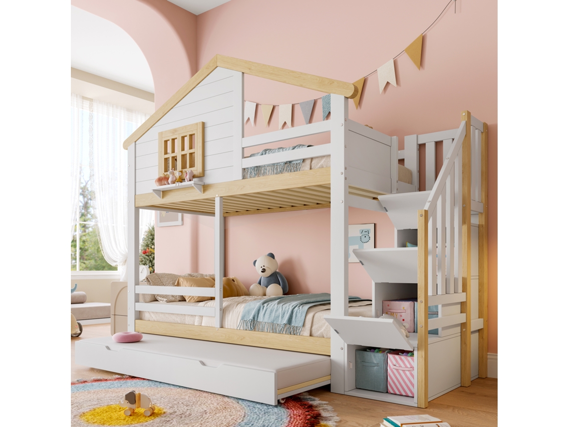 Litera De 90x200 Con Escalera, Espacio De Almacenamiento, Puerta Plegable Y Ventana, Color Blanco Natural.