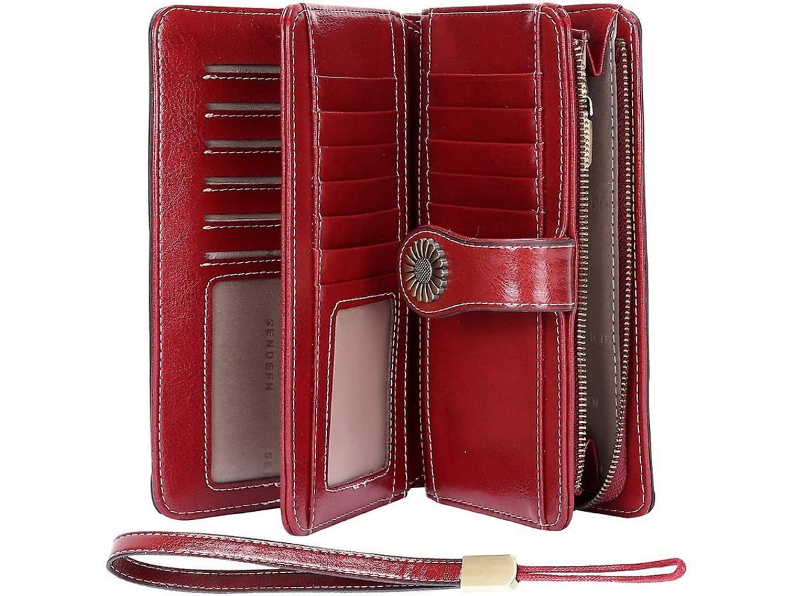 2026-cartera De Cuero Para Mujer Grande Con Muchos Compartimentos Y Protección Rfid Rojo