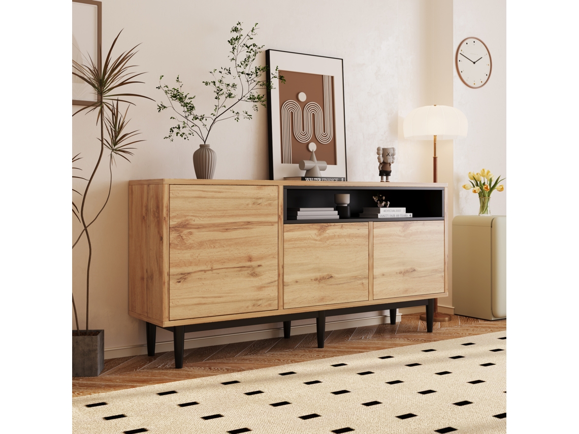Aparador de madera con tres puertas y estantes, 160 x 35 x 76 cm - Soporte para TV robusto y fiable con un diseño que optimiza el espacio.