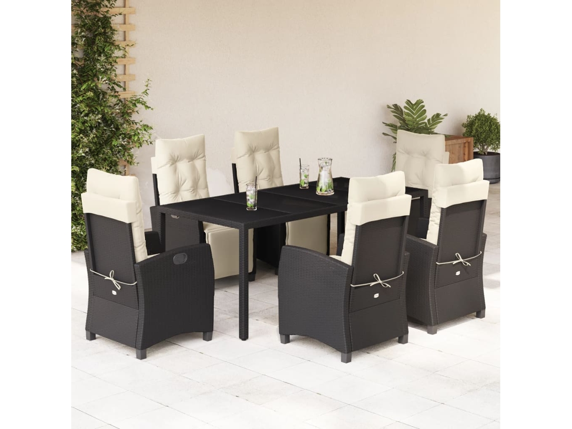Juego de comedor de jardín de 7 piezas con cojines, mimbre sintético negro, DKD Home Decor