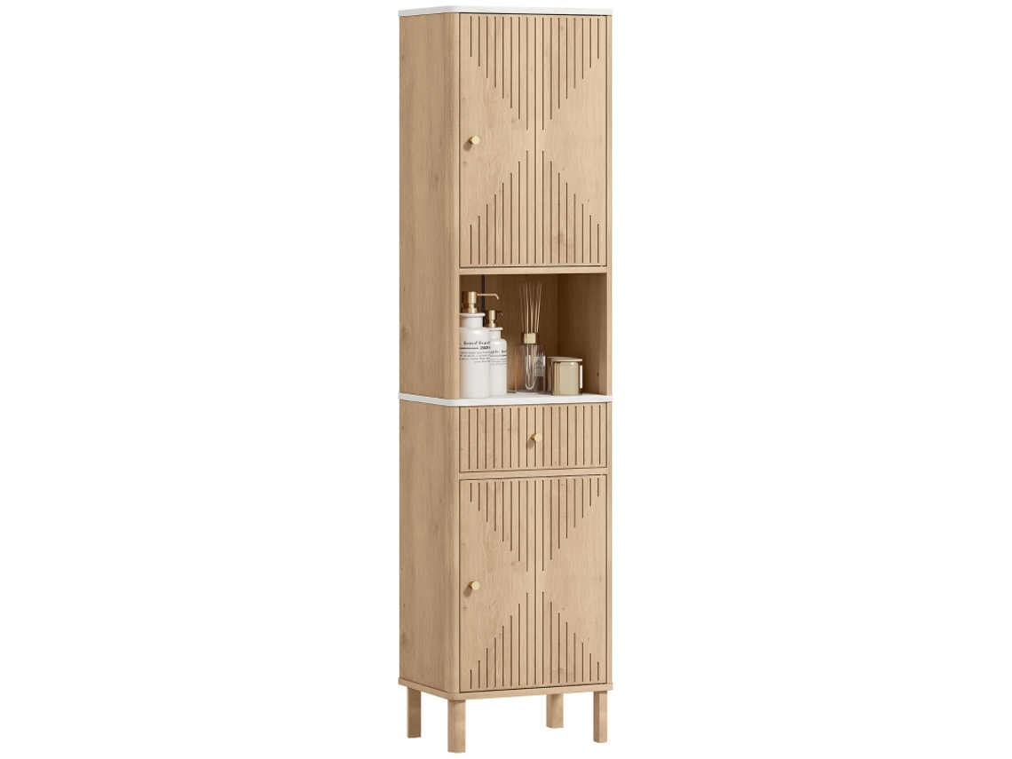 Columna De Baño Con Cajón, 2 Armarios Y Estantes Ajustables, Estante Con Efecto Mármol, 41,5 X 30 X 168 Cm, Roble.
