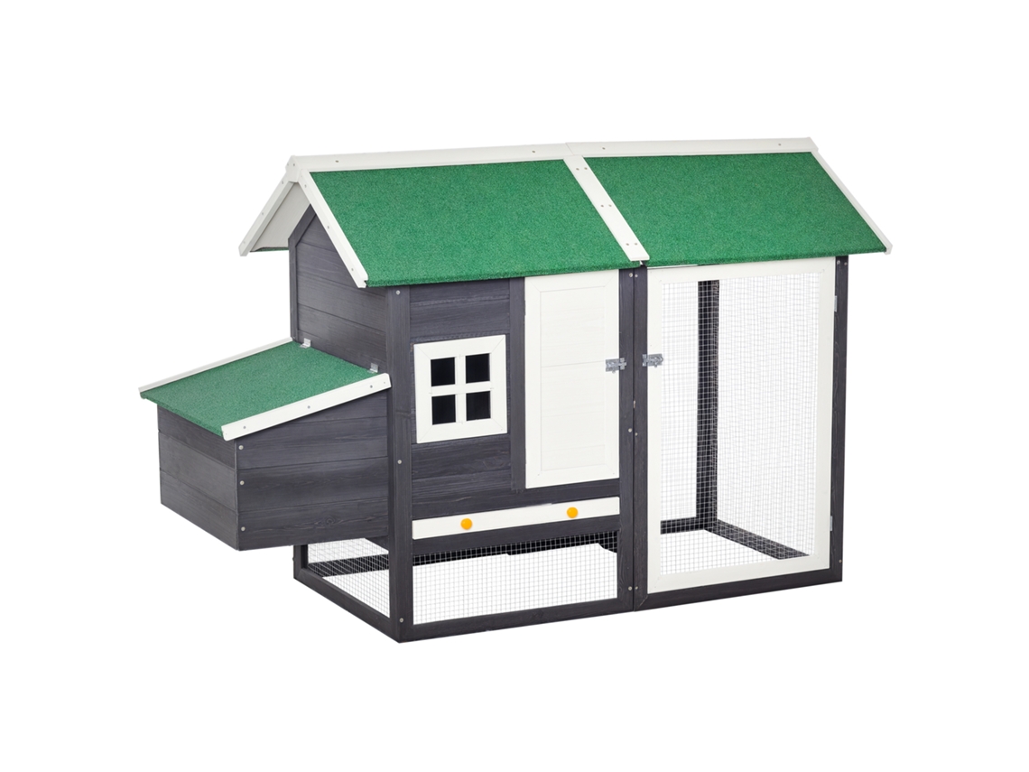 Gallinero de madera gris de 170x81x110 cm para uso exterior. Incluye ponedero, estructura metálica y techo desmontable. Práctico y seguro para las gallinas.