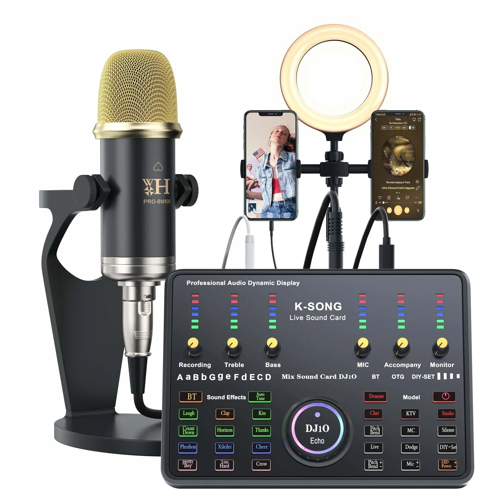 Kit de tarjeta de sonido (redonda, negra y dorada) con micrófono de condensador de estudio.