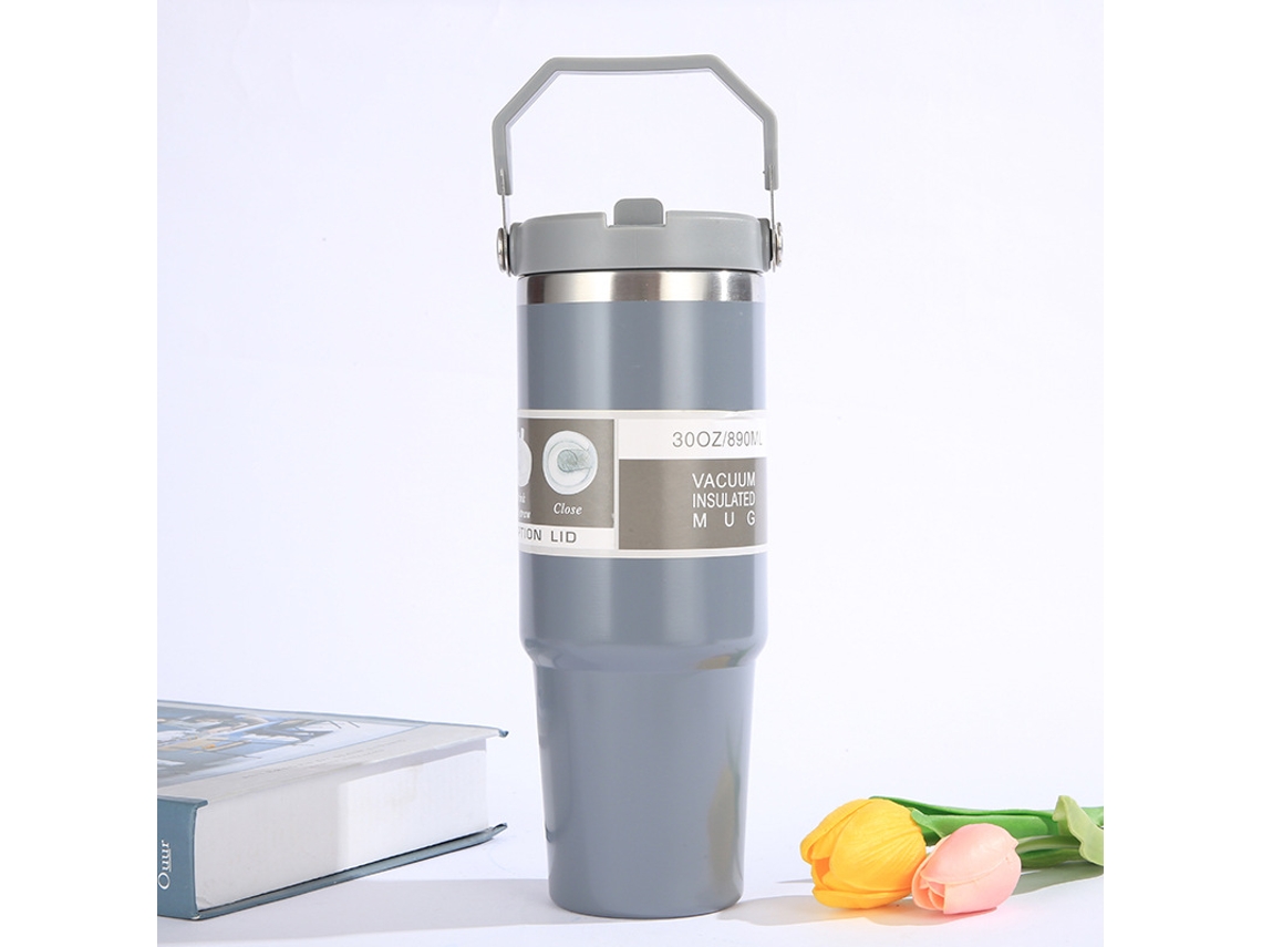 Termo portátil de acero inoxidable para coche con pajita y asa MDUG (gris)