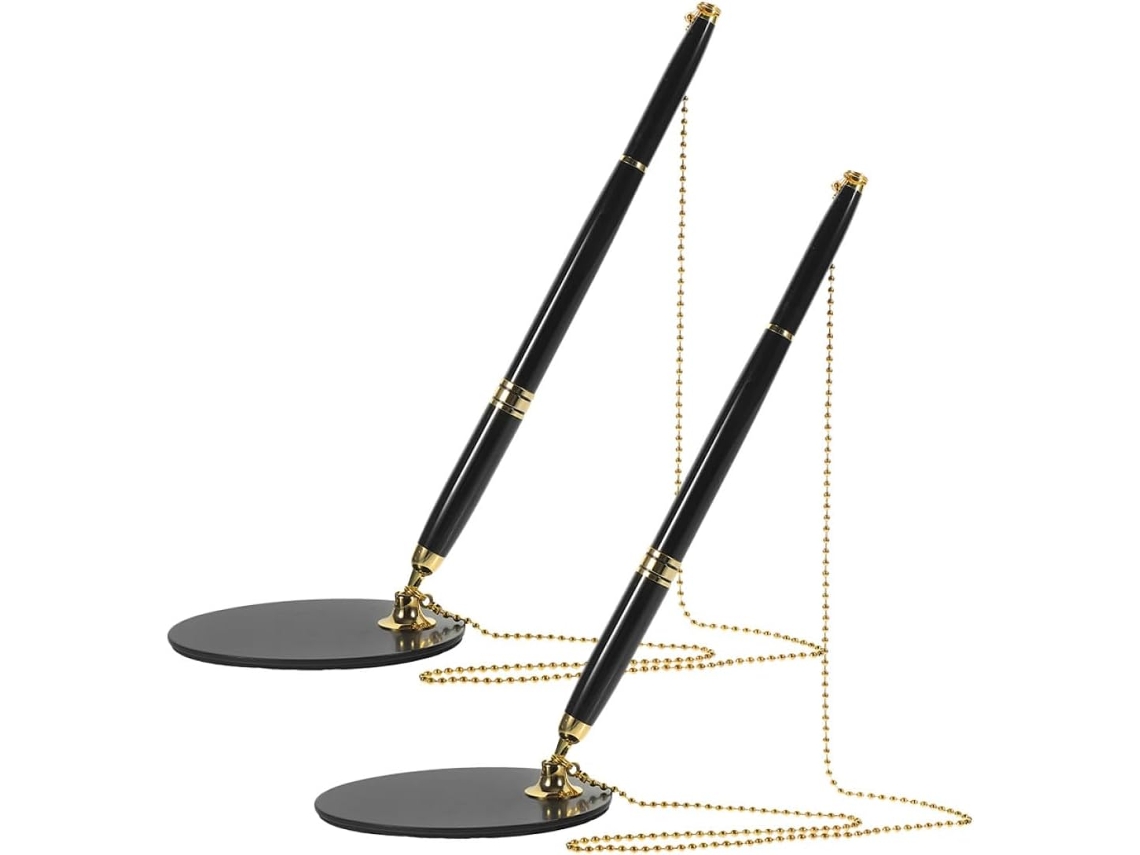 Conjunto De 2 Canetas Ergonômicas Pretas Em Aço Inoxidável Para Balcão De Recepção, Com Corrente E Base