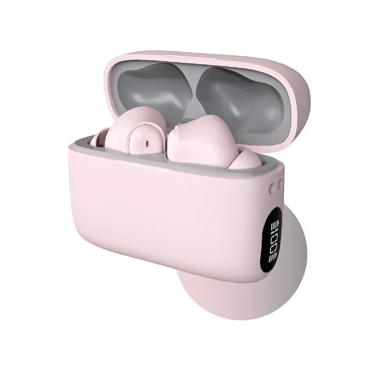 Auriculares inalámbricos Bluetooth 5.3 (rosa) con controles táctiles y micrófono.