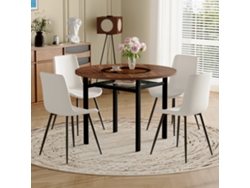 Conjunto De Mesa Redonda Moderna 100 Cm - Con 4 Sillas Blancas Pu Y Compartimento - Madera Marrón