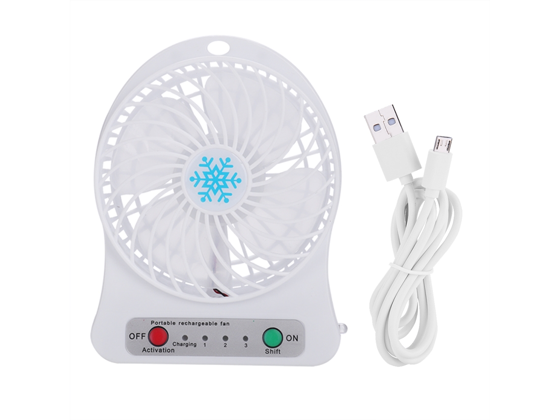 Ventilador de escritorio blanco portátil recargable por USB con luz