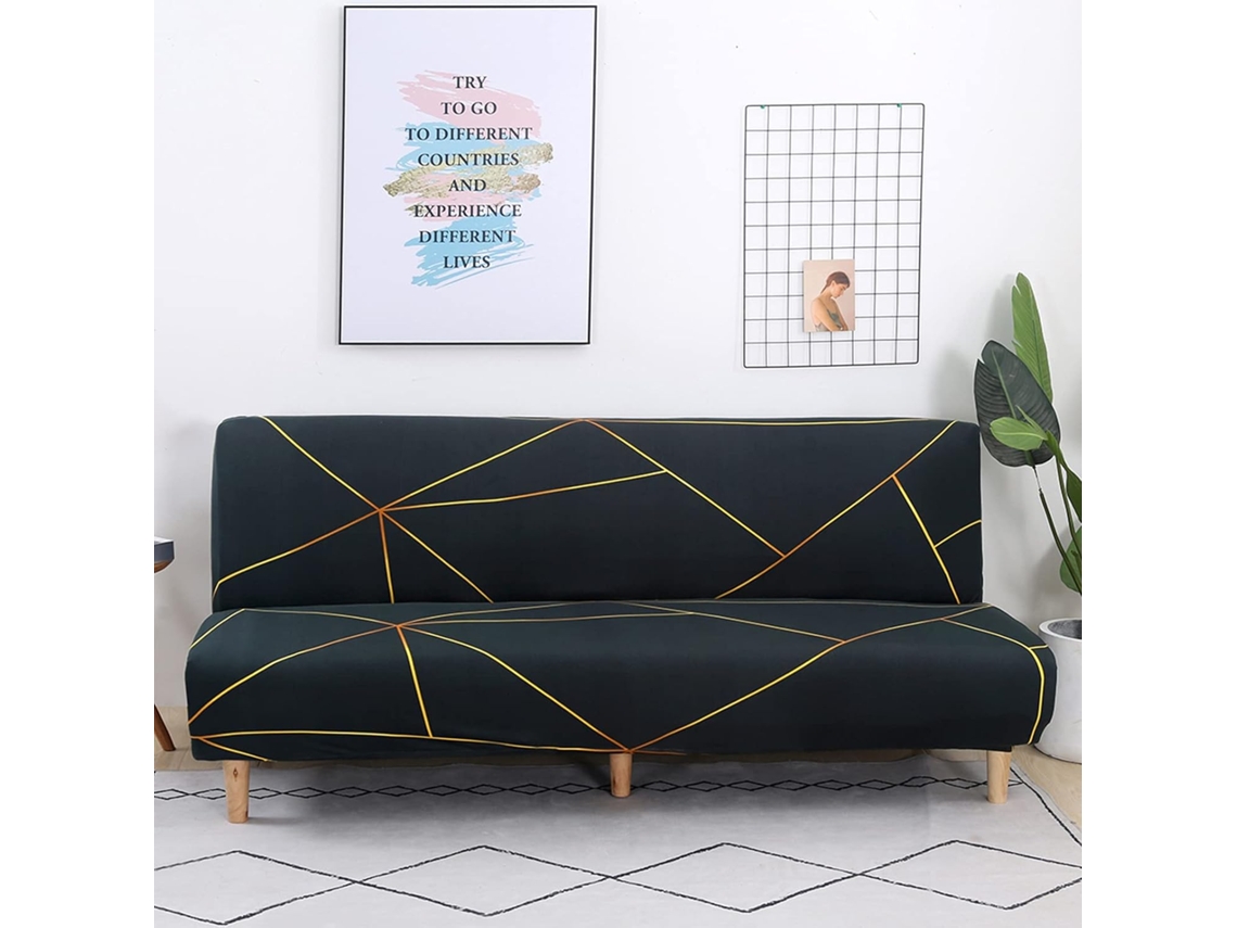 Funda elástica para sofá cama futón sin brazos, antideslizante, plegable y protectora para sofá de 2 y 3 plazas (190 x 210 cm) (negro/dorado)