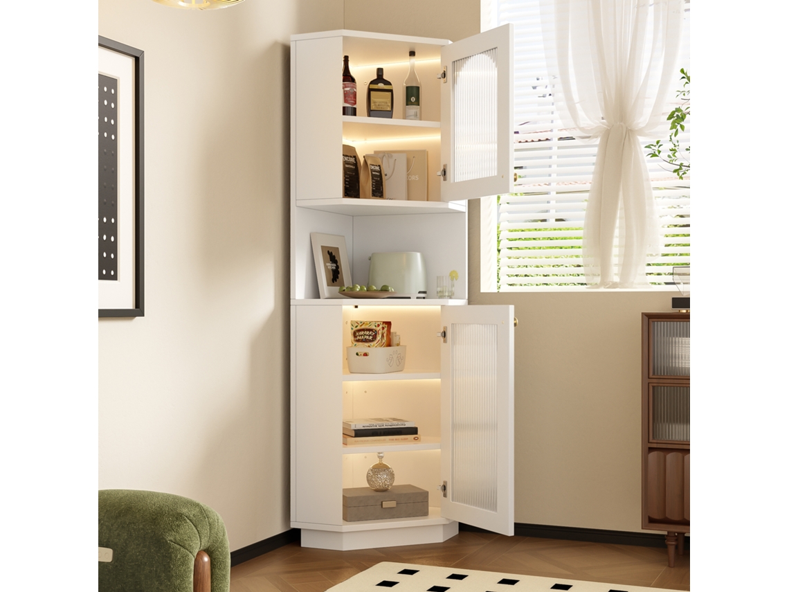 Mueble de baño con tira de luz, diseño de esquina, 2 compartimentos, blanco, VELTRIX