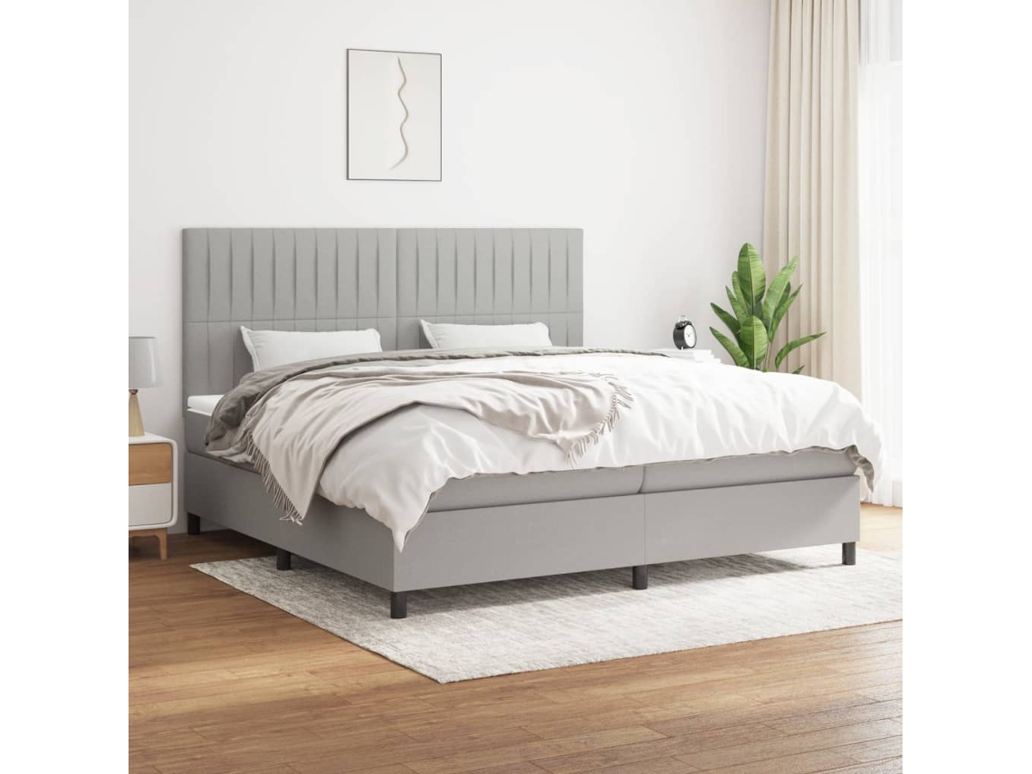 Cama Box Spring Con Colchón Tela Gris Claro 200x200 Cm