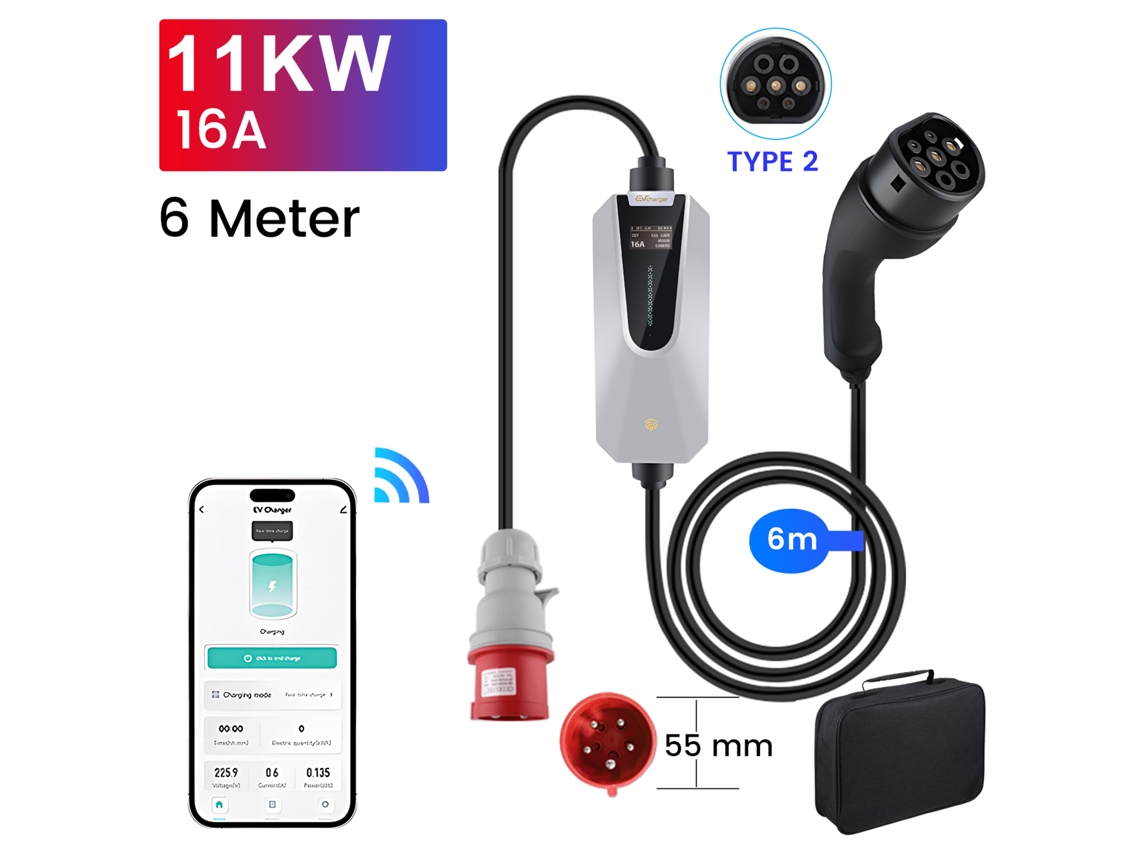 Cargador para vehículos eléctricos JUNSUN de 11 kW con control por aplicación, tipo 2/6a 16a/6 M/trifásico/corriente ajustable.
