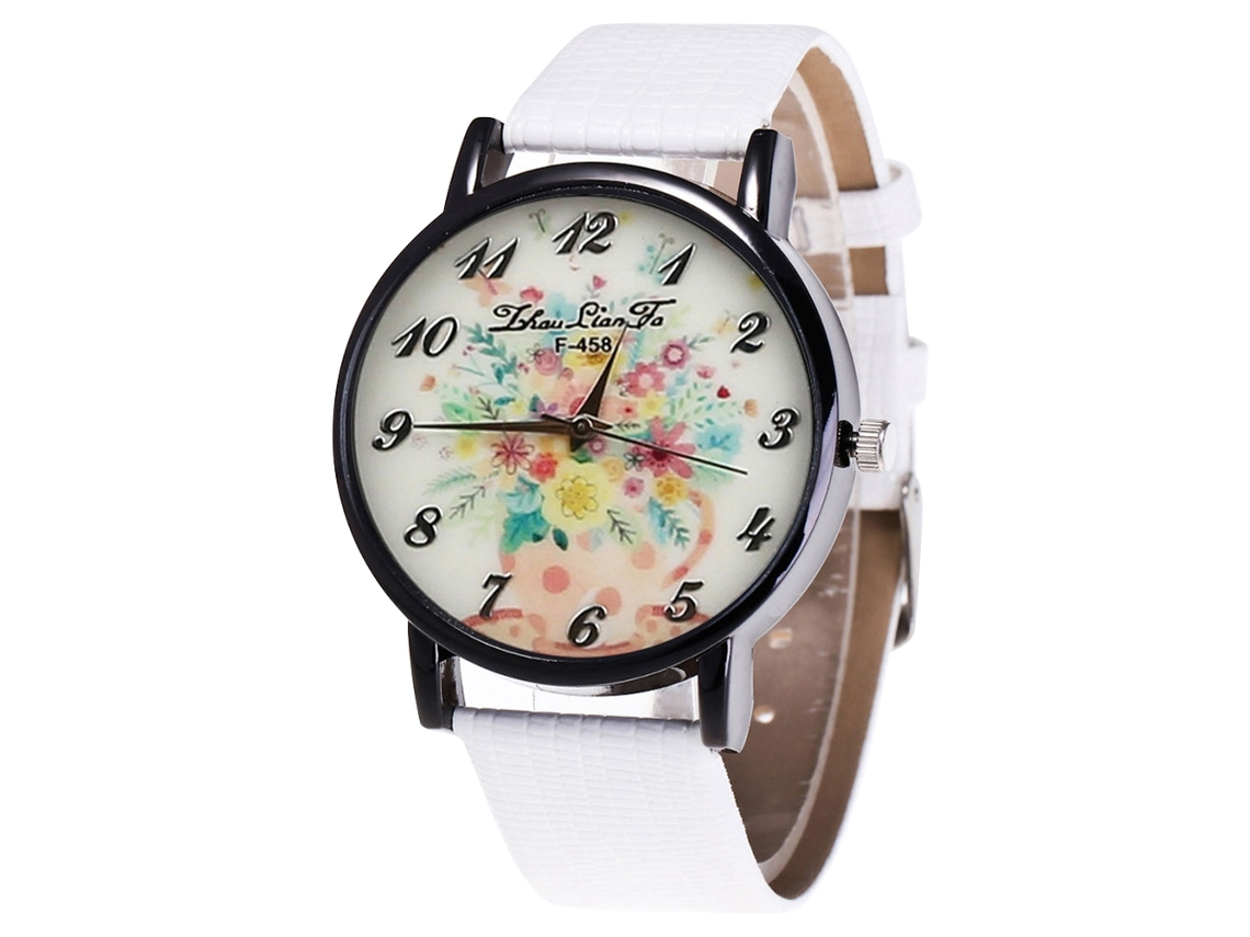 Reloj De Pulsera Unisex Con Correa De Piel Sintética Y Esfera Blanca Con Ilustración Floral.