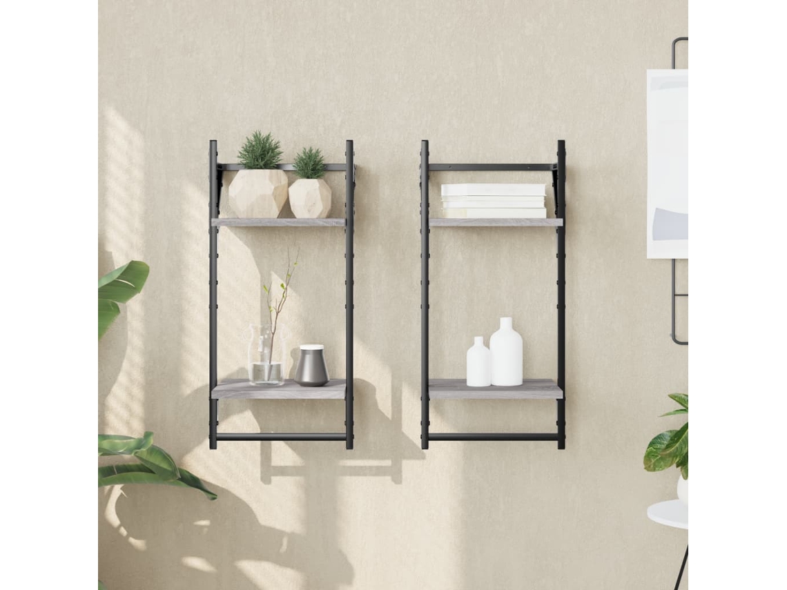Estantes Pared | Estante Flotante | Estantería Pared 2 Niveles Barras 2 Uds Gris Sonoma 30x25x65 Cm