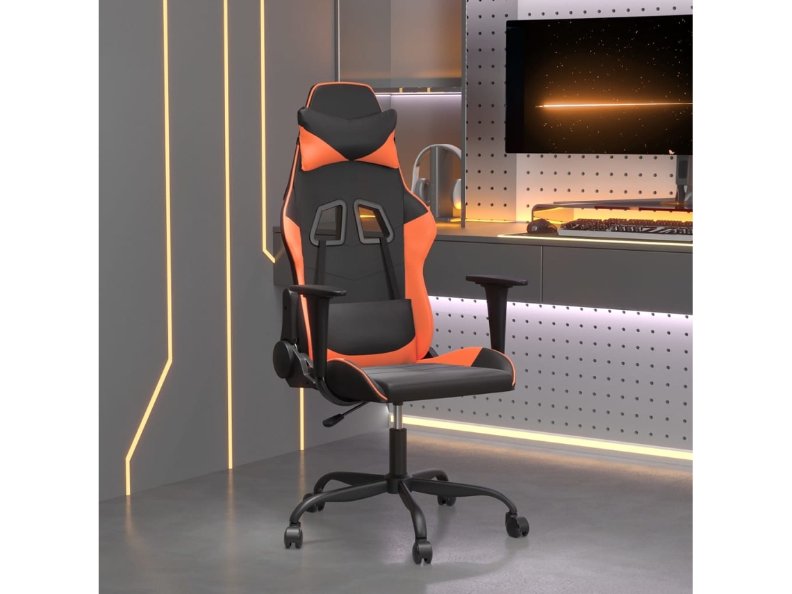 Silla gaming en piel sintética negra y naranja.
