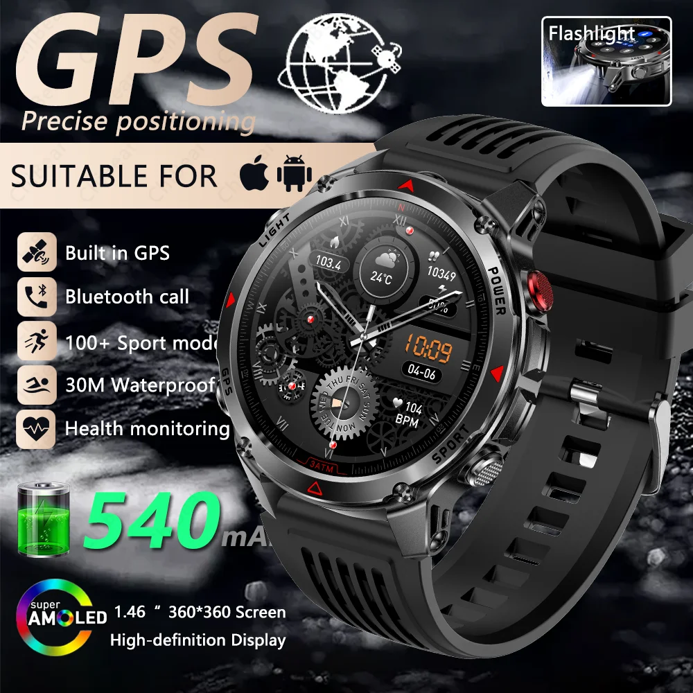 Reloj inteligente con GPS, brújula y más de 100 modos deportivos. MDUG (Silicona negra)