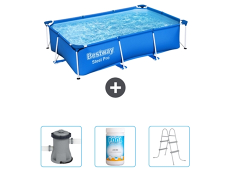 Piscina BESTWAY Rectangular Steel Pro - 259 x 170 x 61 cm - Azul - Incluida Bomba - Cloro - Escalera