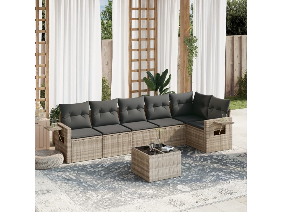 Conjunto 7 Piezas Sofás De Jardin Com Almofadões Vime Pe Cinzento Claro Dkd Home Decor