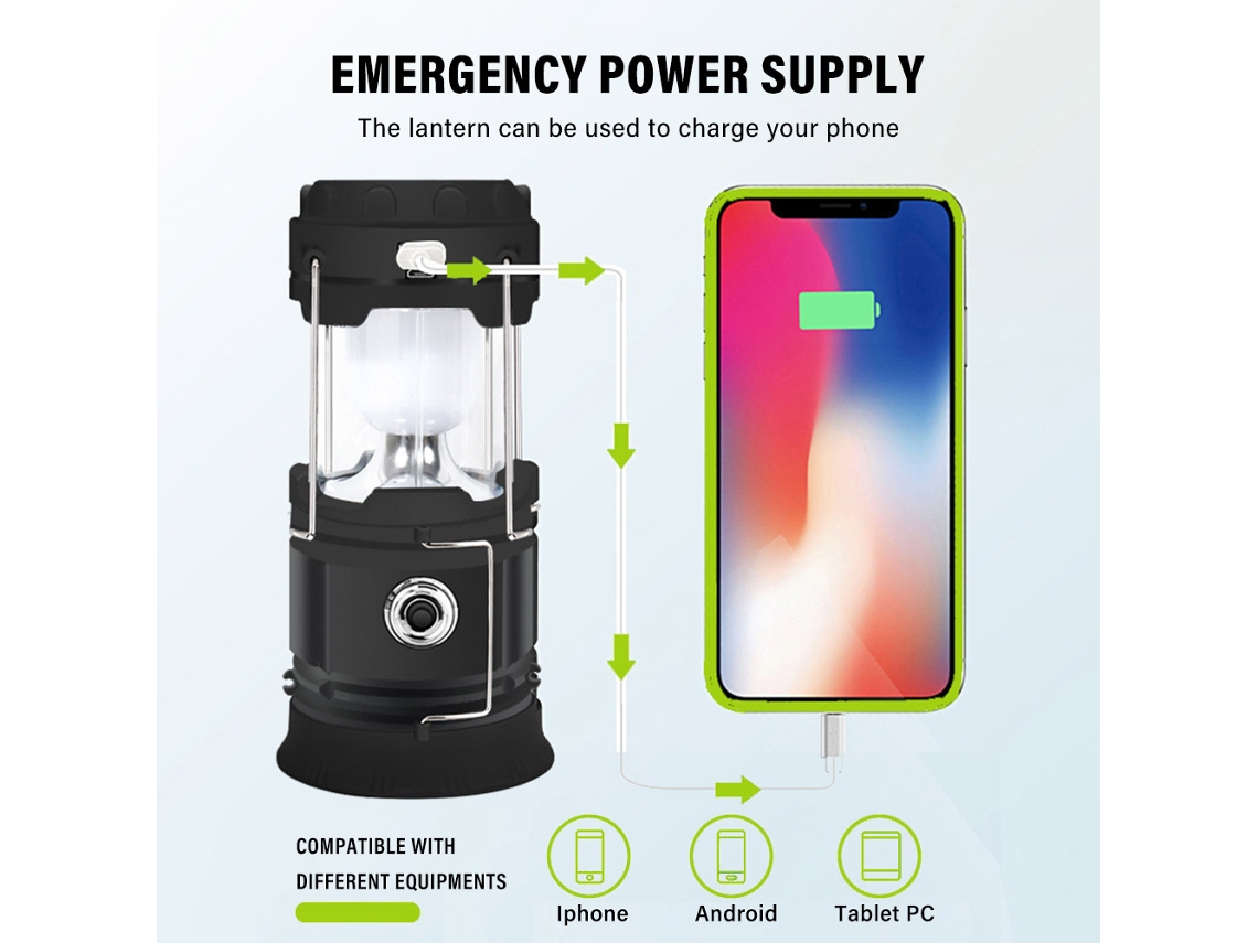 Linterna solar portátil recargable para acampar con USB