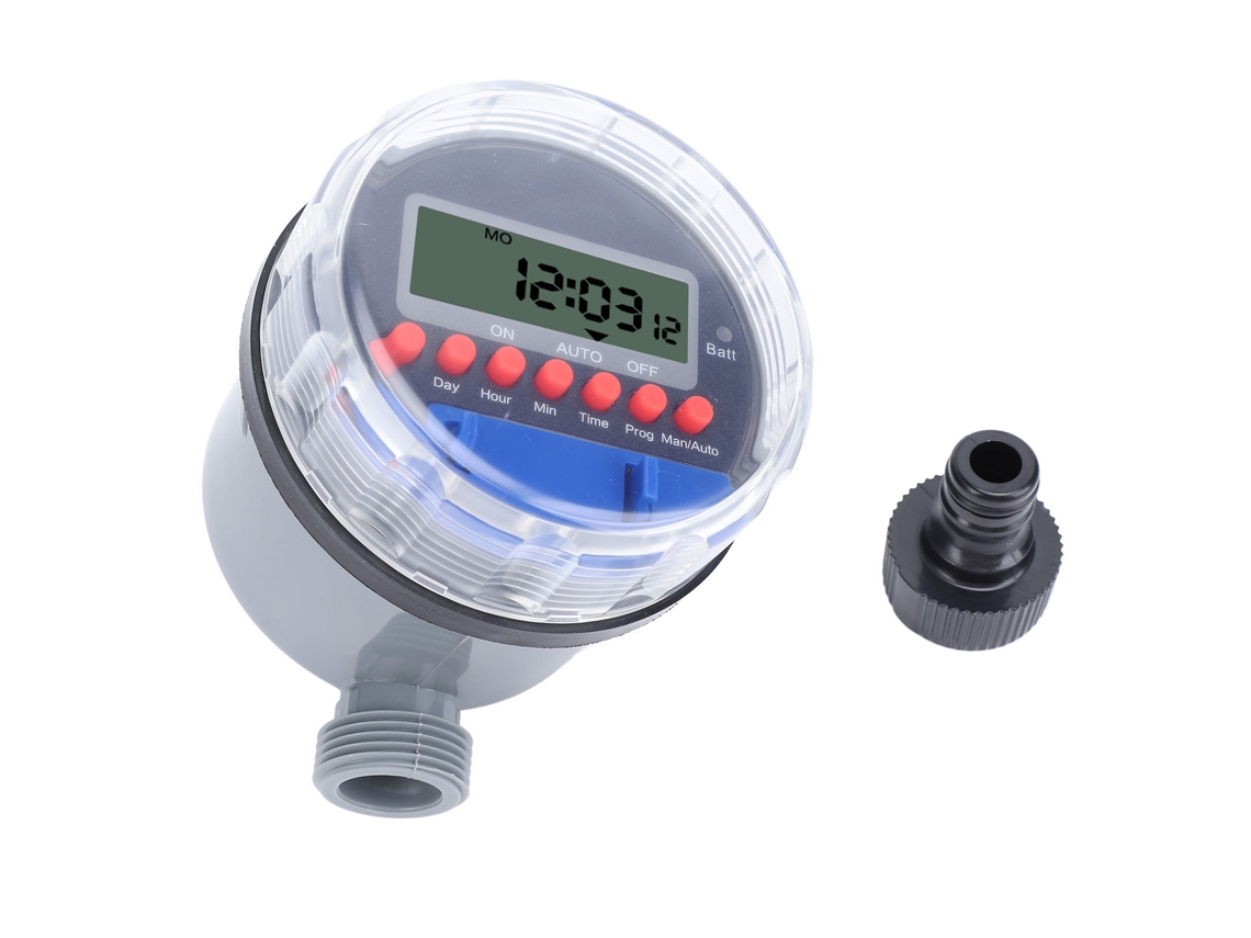 Temporizador de riego digital con pantalla LCD para jardín.