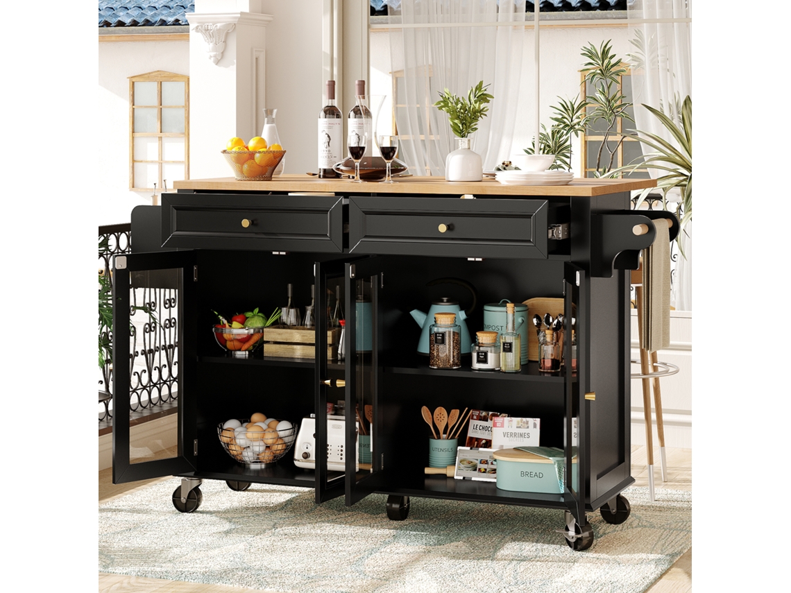Isla De Cocina Con Ruedas Y Puertas De Cristal Carrito De Servicio Multifuncional En Imitación Madera Con Amplio Espacio De Almacenamiento.