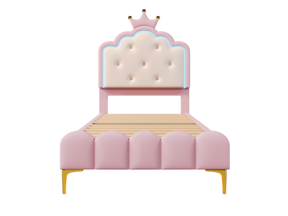 Cama Tapizada 90x200 Cm con Led - Piel Sintética - Con Somier - Rosa