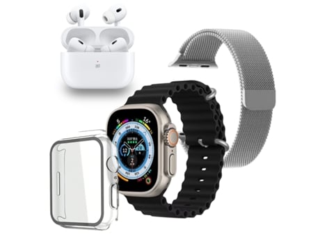 Smartwatch y Auriculares Bluetooth Pack KLACK Ultra 9.0 con Auriculares PRO, Correa metálica extra y carcasa protectora - Negro