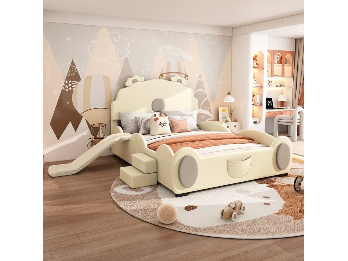 Cama Infantil De Piel Sintética 140x200 Cm - Con Tobogán Y Escalera - Beige