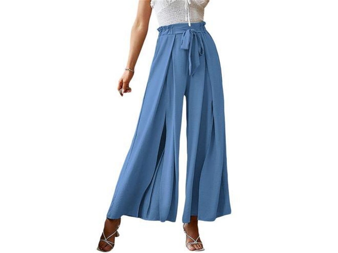 2026-pantalones De Mujer De Cintura Alta Con Volantes Y Split, Pantalones Fluyentes Para Casa Y Casual Xxl Azul