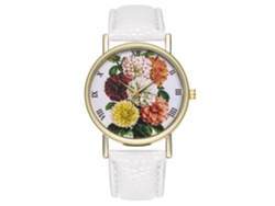 Reloj De Pulsera Analógico De Cuarzo Para Mujer Con Correa De Piel Sintética Blanca Con Estampado Floral.