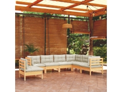 Conjunto 7 Peças Lounge Jardim C/ Almofadões Creme Pinho Maciço Dkd Home Decor