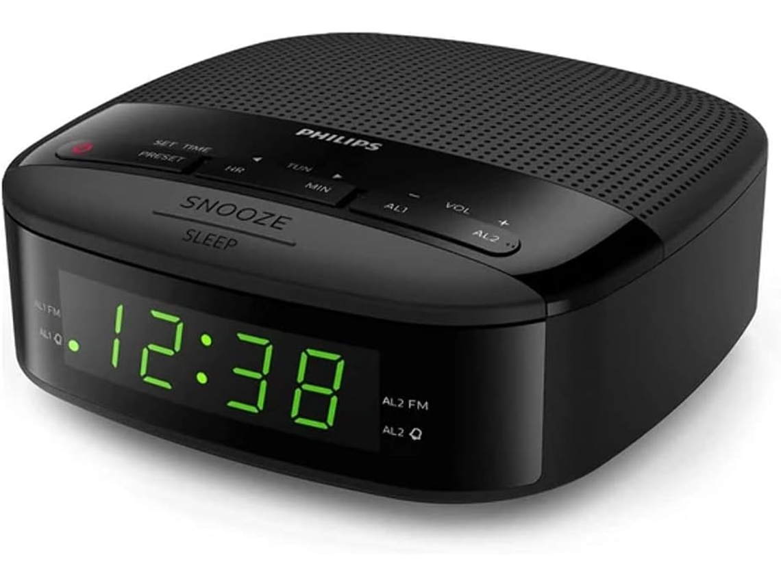 Radio reloj FM Philips R3205/12, color negro (alarma dual, temporizador de apagado, diseño compacto, radio FM digital, batería de respaldo)