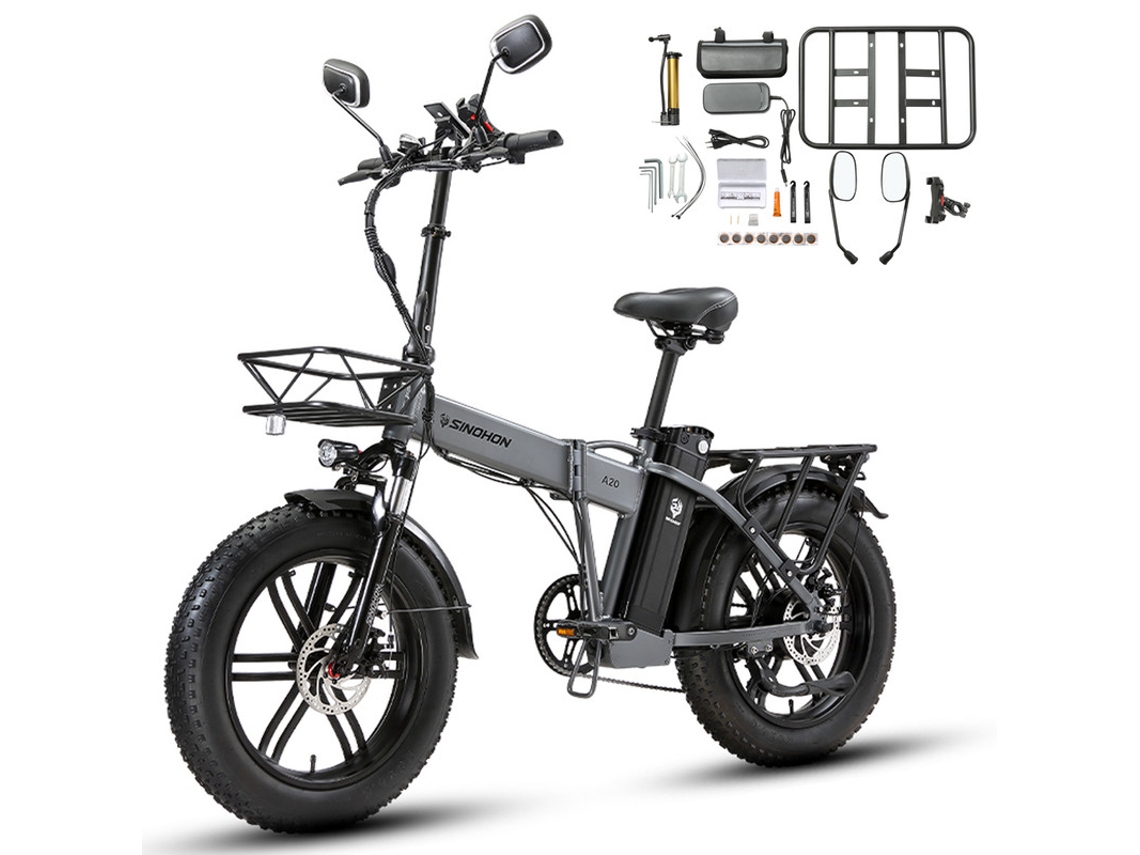 Bicicleta eléctrica Sinohon A20 de 20 pulgadas, 1000 W, 18 Ah, 45 km/h, para mujer y hombre, 7 velocidades, con bandeja, color gris