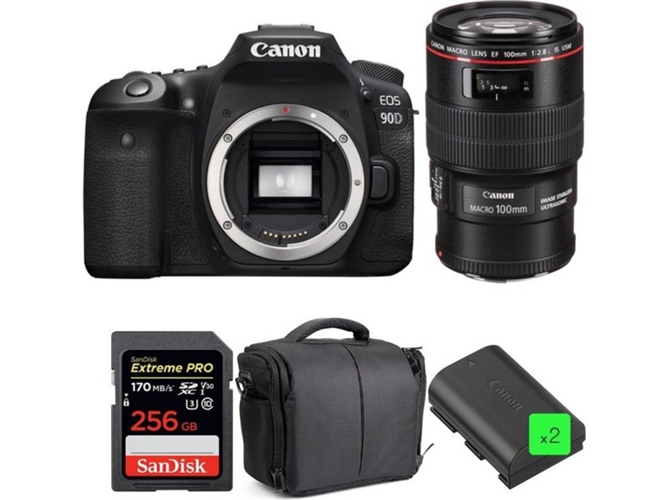 Kit Cámara Réflex CANON EOS 90D + EF 100mm f/2.8L Macro IS USM + SanDisk 256GB + 2 LP-E6N + Bolsa