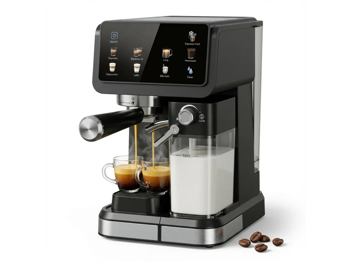 Cafetera Espresso Automática 20 Bar Con Espumador De Leche, Pantalla Táctil, Preinfusión Suave, 6 Modos, Limpieza Automática