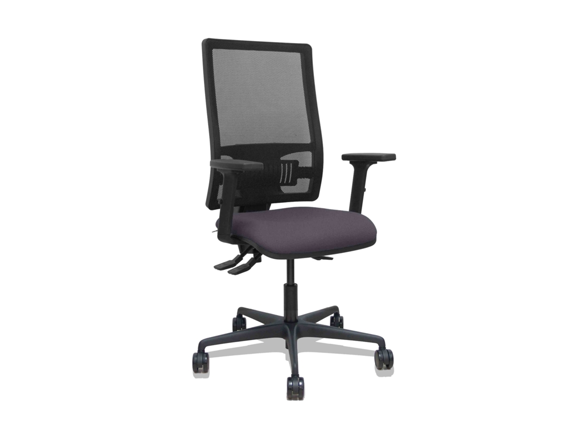 Silla de oficina Bormate con mecanismo asíncrono, tapizada en tela gris oscuro y malla negra.