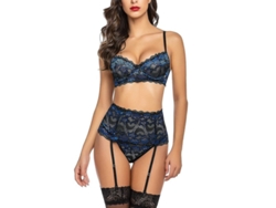 2026-conjunto De Lencería Mujer De Alto Talón Con Sostén Y Cinturón De Ligas Encaje Sexy Azul Tallas S-2xl