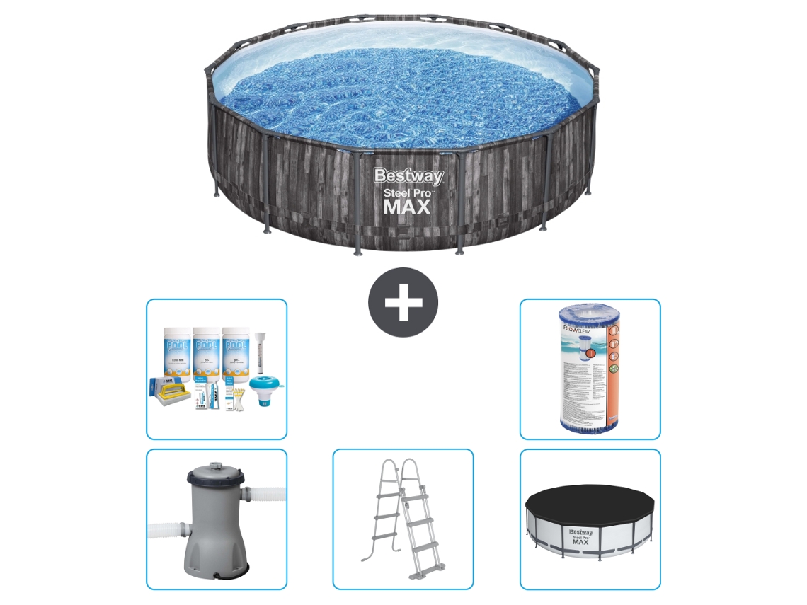 Piscina BESTWAY Round Steel Pro MAX - Impresión en madera - 427 x 107 cm - Incluye bomba - Escalera - Cobertor Paquete de mantenimiento - Filtrar