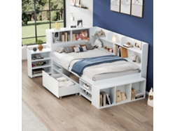 Cama Infantil 90x190cm Con Cajones Y Estantes, Cama Individual Multifuncional Con Almacenaje, Somier De Láminas, Blanco