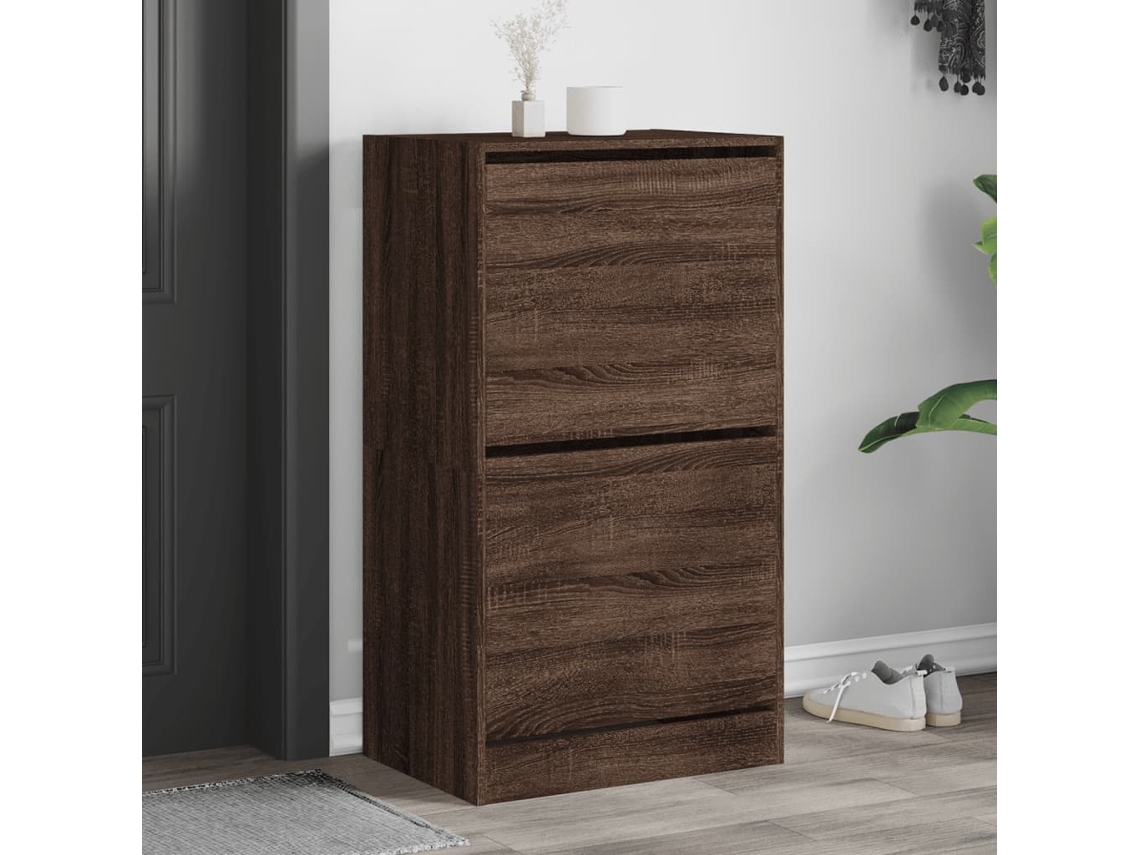 Mueble Zapatero | Armario Zapatero 2 Cajones Abatibles Marrón Roble 60x42x108 Cm