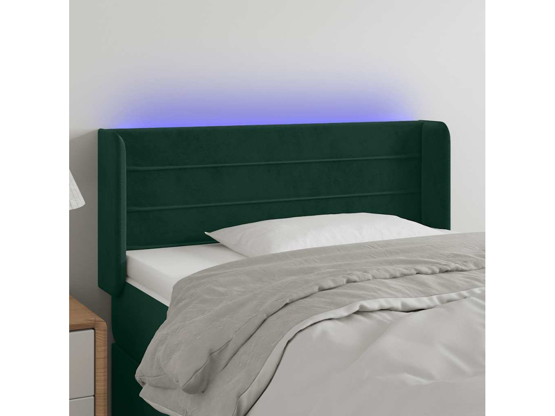 Cabecero | Panel de cama con luces LED, terciopelo, 93 x 16 x 78/88 cm, verde oscuro