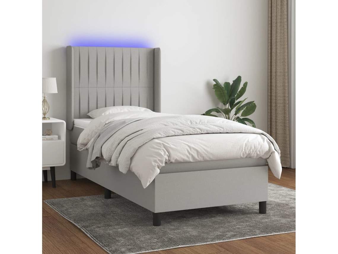 Cama Box Spring Colchón Y Luces Led Tela Gris Claro 80x200 Cm